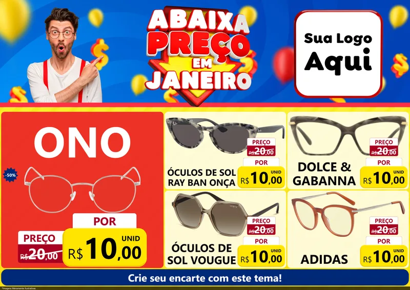 Modelo de Encarte para Encarte A4 Horizontal com o tema Abaixa Preço em Janeiro para Óticas
