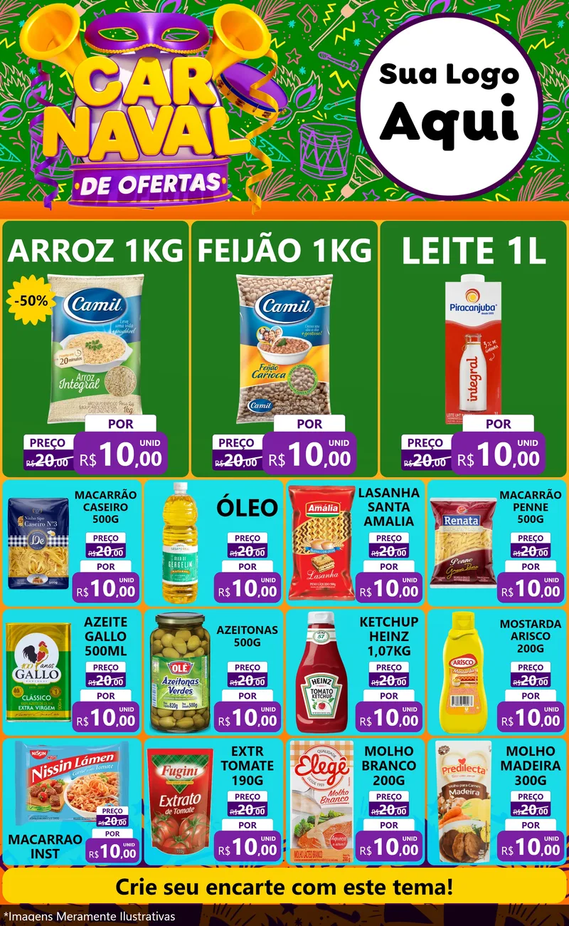 Modelo de Encarte para Encarte Grande com o tema Carnaval de Ofertas para Supermercado