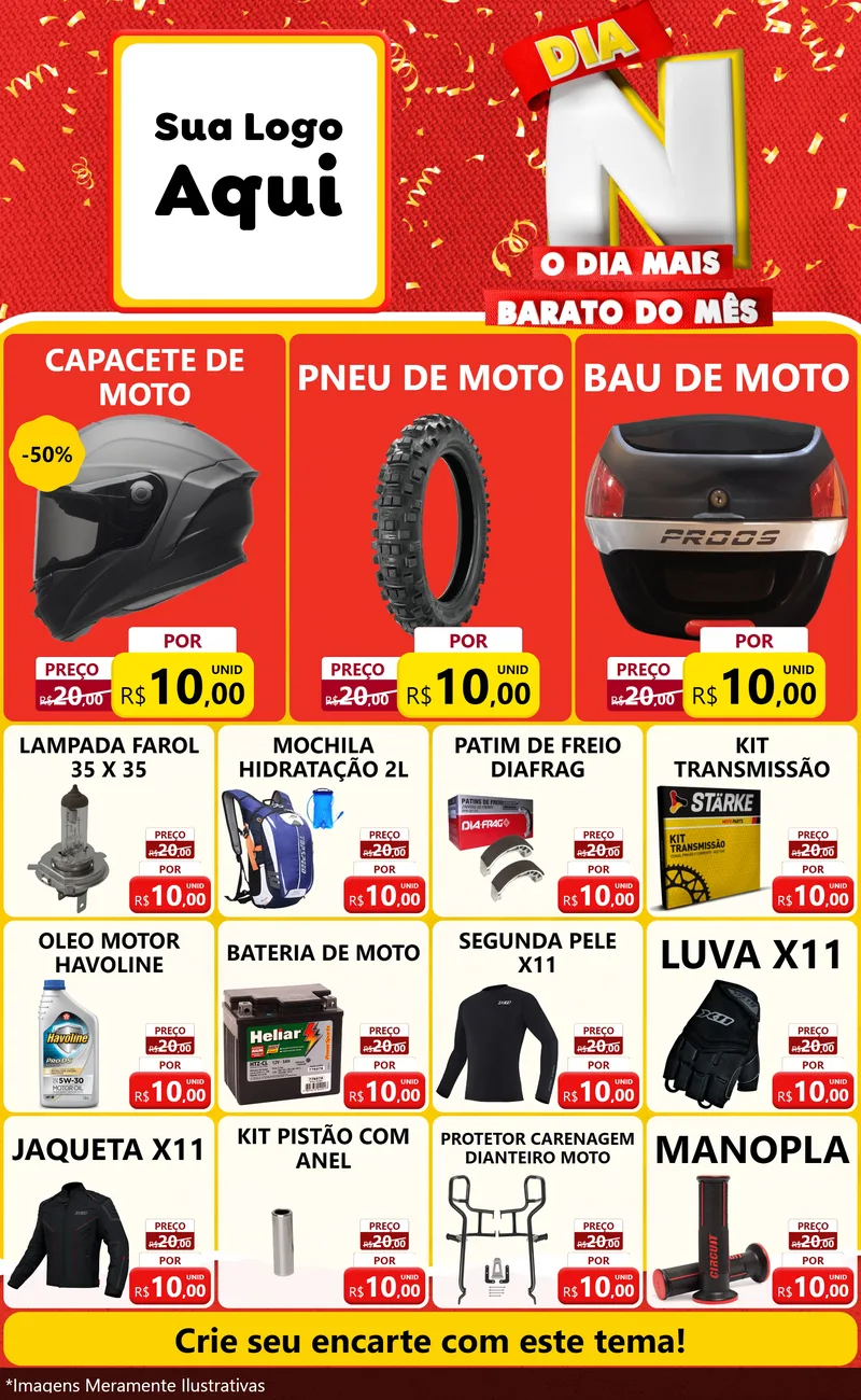 Modelo de Encarte para Encarte Grande com o tema Dia N o Dia Mais Barato do Mês para Moto peças