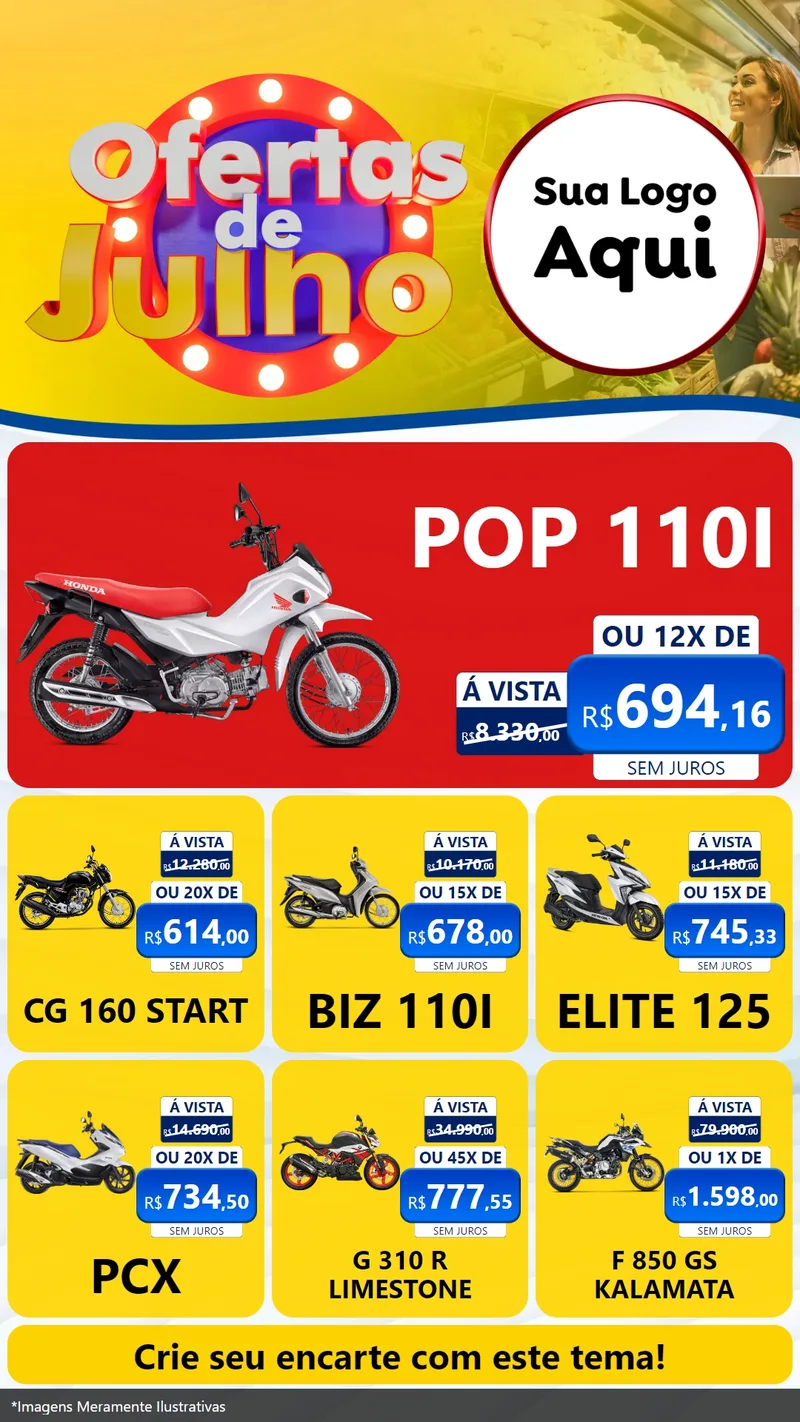 Modelo de Rede Social para Stories com o tema Ofertas de Julho para Concessionaria de Motos