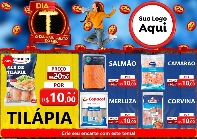 Modelo de Encarte para Encarte A4 Horizontal com o tema Dia T - O Dia Mais Barato Do Mês para Peixaria