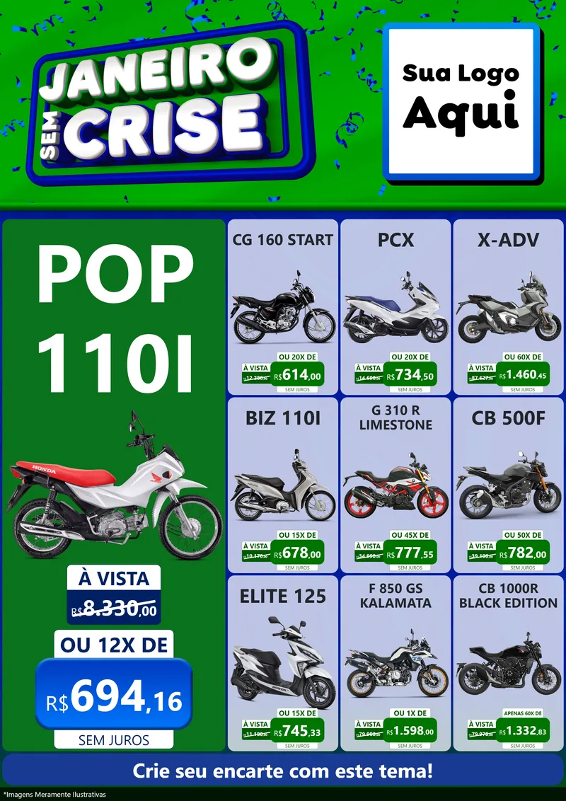 Modelo de Encarte para Encarte A4 Vertical com o tema Janeiro Sem Crise para Concessionaria de Motos