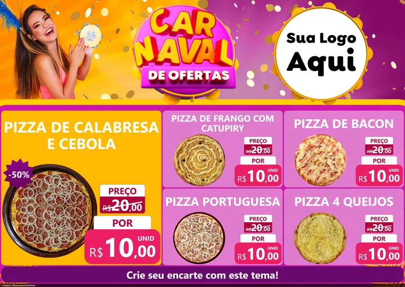 Modelo de Encarte para Encarte A4 Horizontal com o tema Carnaval de Ofertas para Pizzaria