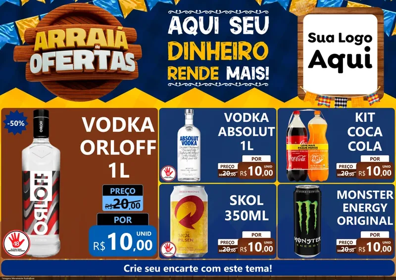 Modelo de Encarte para Encarte A4 Horizontal com o tema Arraiá de Ofertas - Junina para Distribuidora de bebidas