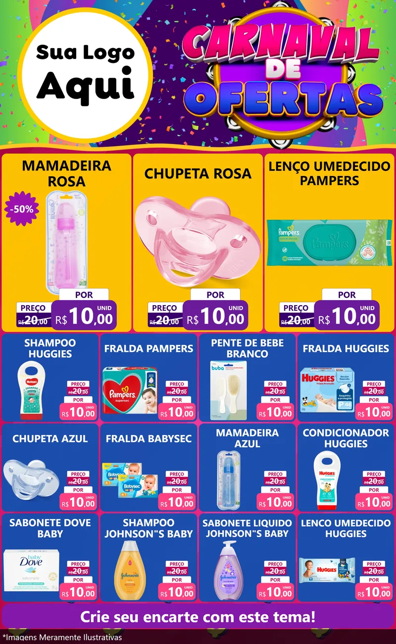 Modelo de Encarte para Encarte Grande com o tema Carnaval de Ofertas para Bebês