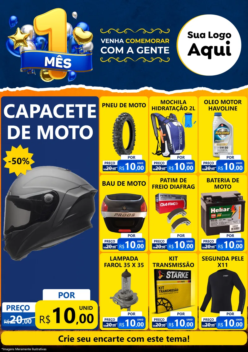 Modelo de Encarte para Encarte A4 Vertical com o tema Um Mês de Aniversário para Moto peças
