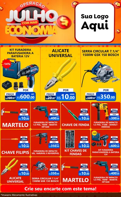 Modelo de Encarte para Encarte Grande com o tema Operação Julho Com Mais Economia para Maquinas e Ferramentas