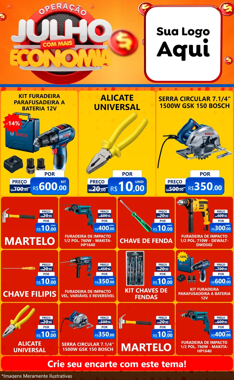 Modelo de Encarte para Encarte Grande com o tema Operação Julho Com Mais Economia para Maquinas e Ferramentas