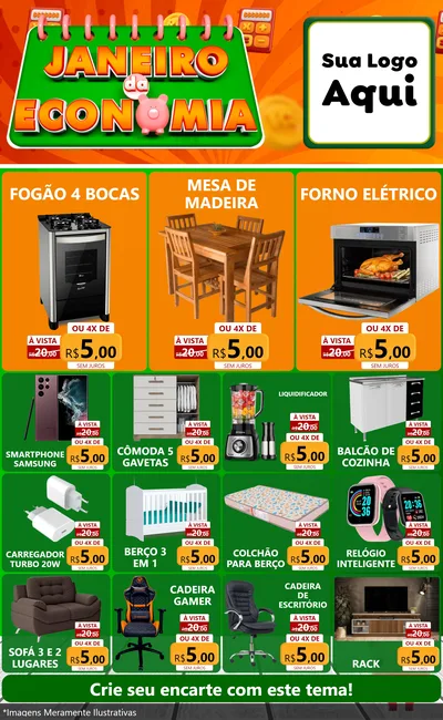 Modelo de Encarte para Encarte Grande com o tema Janeiro da Economia para Móveis e Eletro
