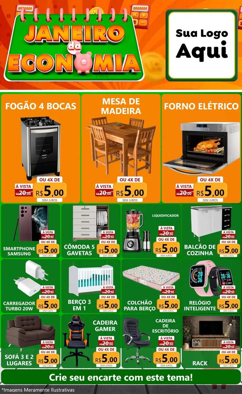 Modelo de Encarte para Encarte Grande com o tema Janeiro da Economia para Móveis e Eletro