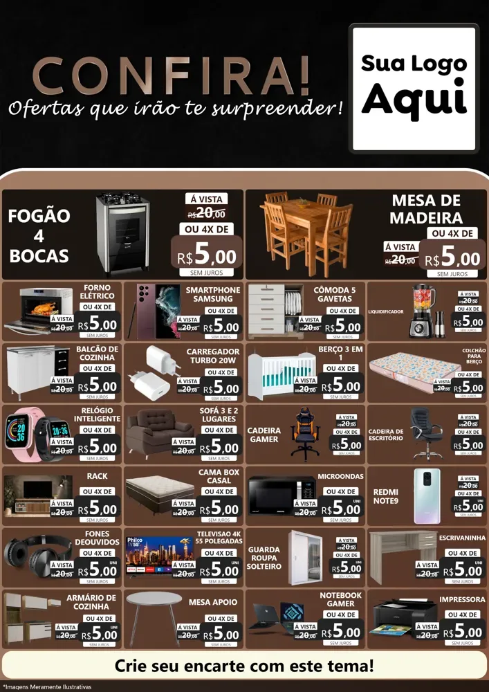Modelo de Encarte para Encarte A4 Vertical com o tema Confira! Ofertas que irão te surpreender! para Móveis e Eletro