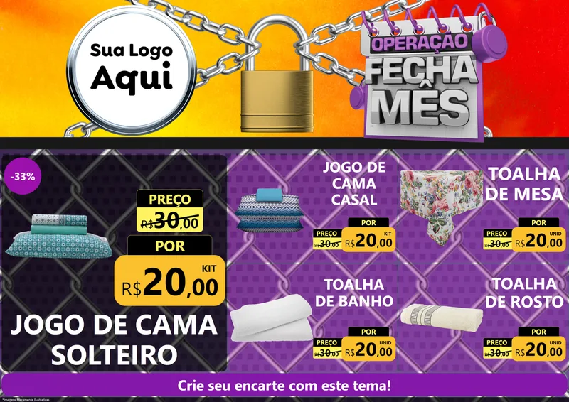 Modelo de Encarte para Encarte A4 Horizontal com o tema Operação Fecha Mês para Cama, Mesa e Banho