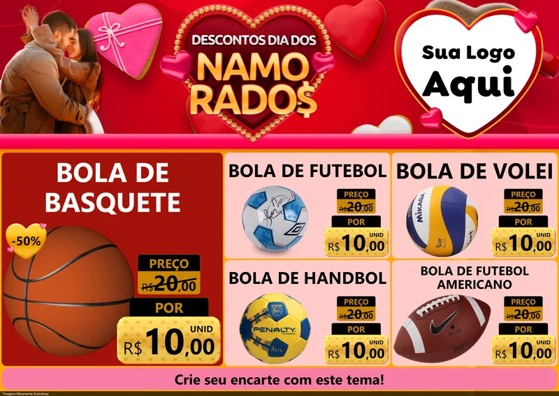 Modelo de Encarte para Encarte A4 Horizontal com o tema Descontos Dia dos Namorados para Artigos Esportivos