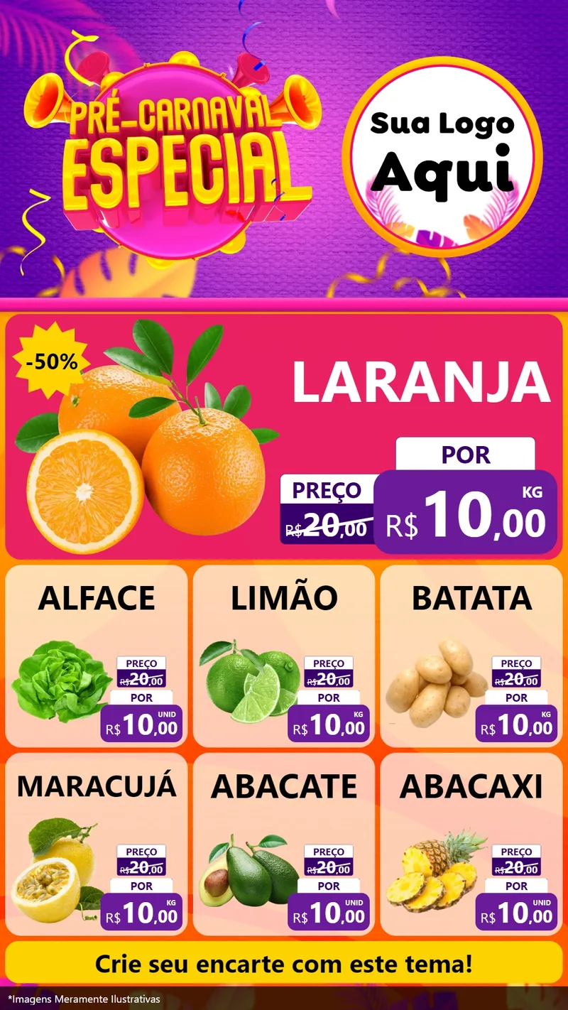 Modelo de Rede Social para Stories com o tema Pré-Carnaval Especial para Hortifrúti