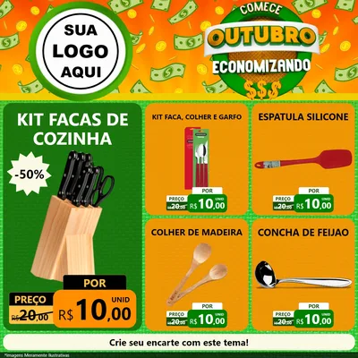 Modelo de Rede Social para Feed Facebook com o tema Comece Outubro Economizando para Utilidades Domésticas