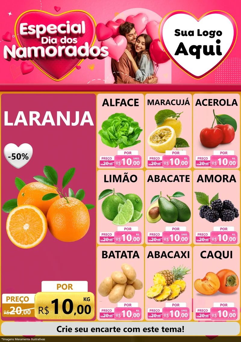 Modelo de Encarte para Encarte A4 Vertical com o tema Especial Dia dos Namorados para Hortifrúti