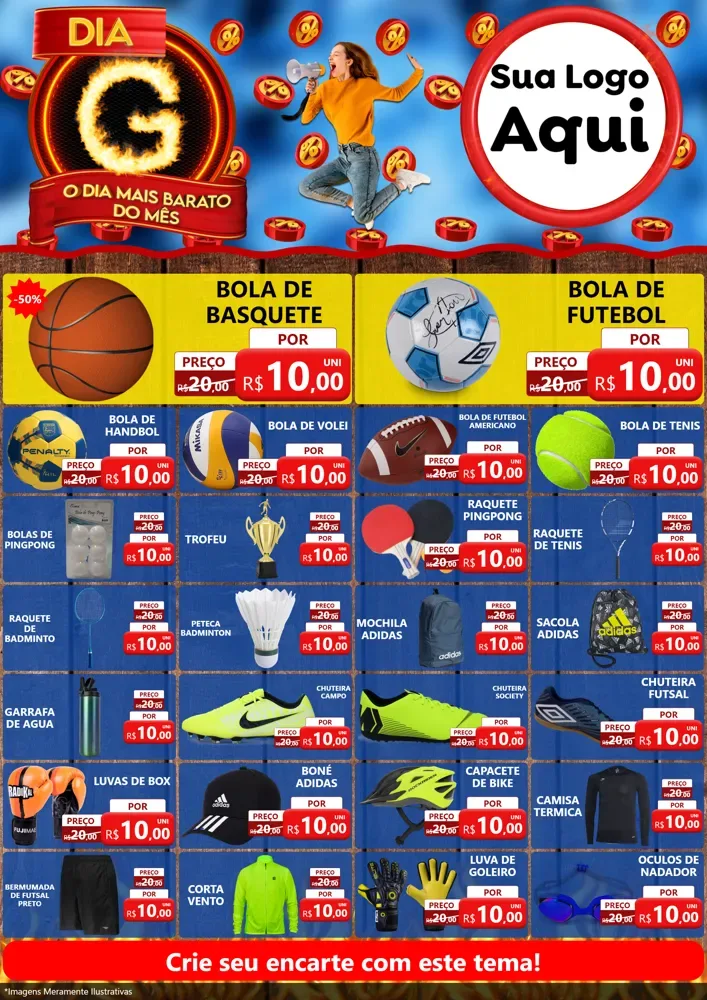 Modelo de Encarte para Encarte A4 Vertical com o tema Dia G - O Dia Mais Barato Do Mês para Artigos Esportivos