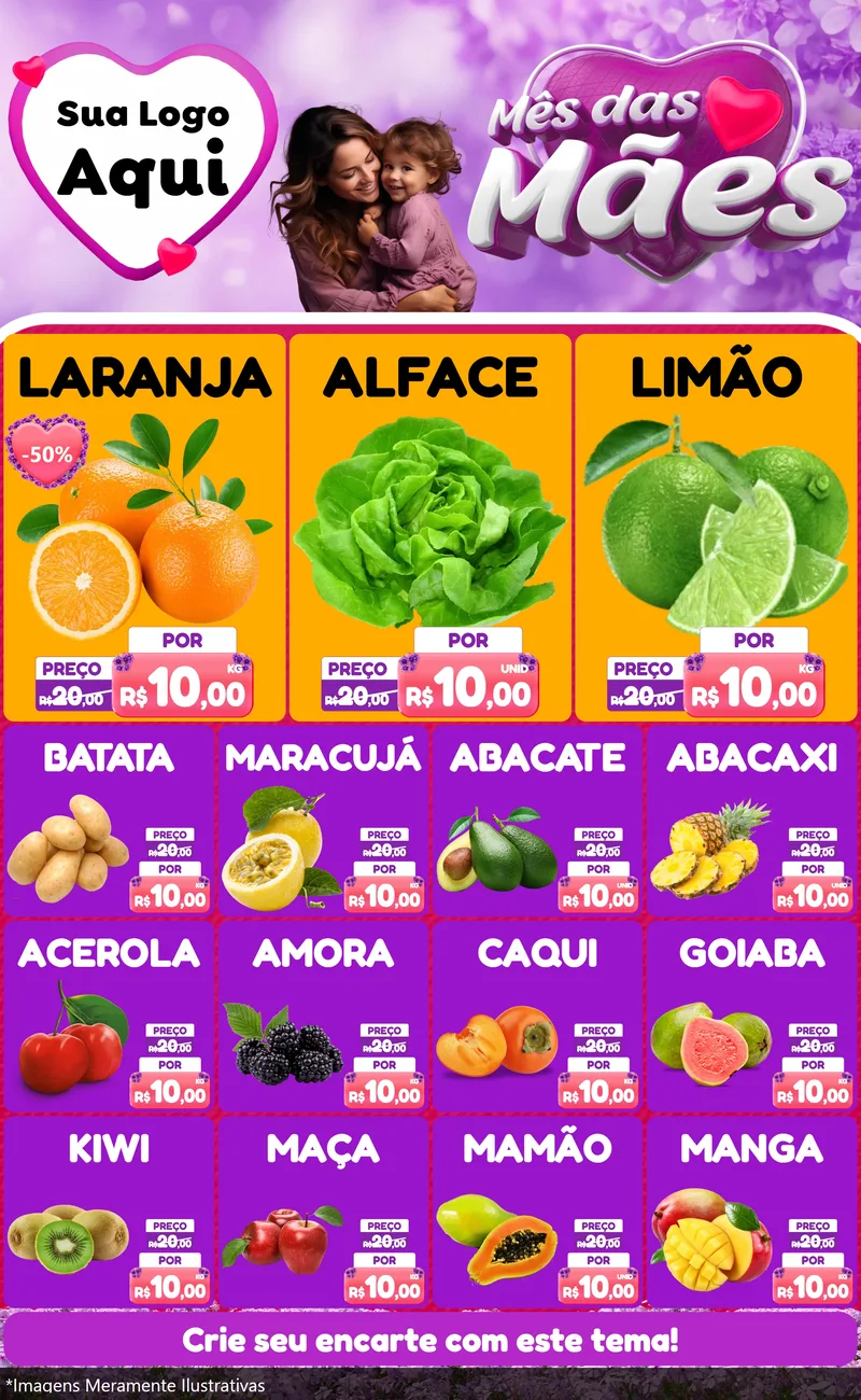 Modelo de Encarte para Encarte Grande com o tema Mês das Mães para Hortifrúti