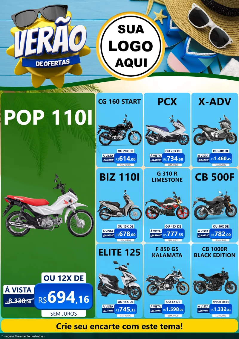 Modelo de Encarte para Encarte A4 Vertical com o tema Verão de Ofertas para Concessionaria de Motos
