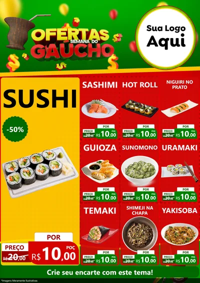 Modelo de Encarte para Encarte A4 Vertical com o tema Ofertas Semana Do Gaúcho para Comida japonesa
