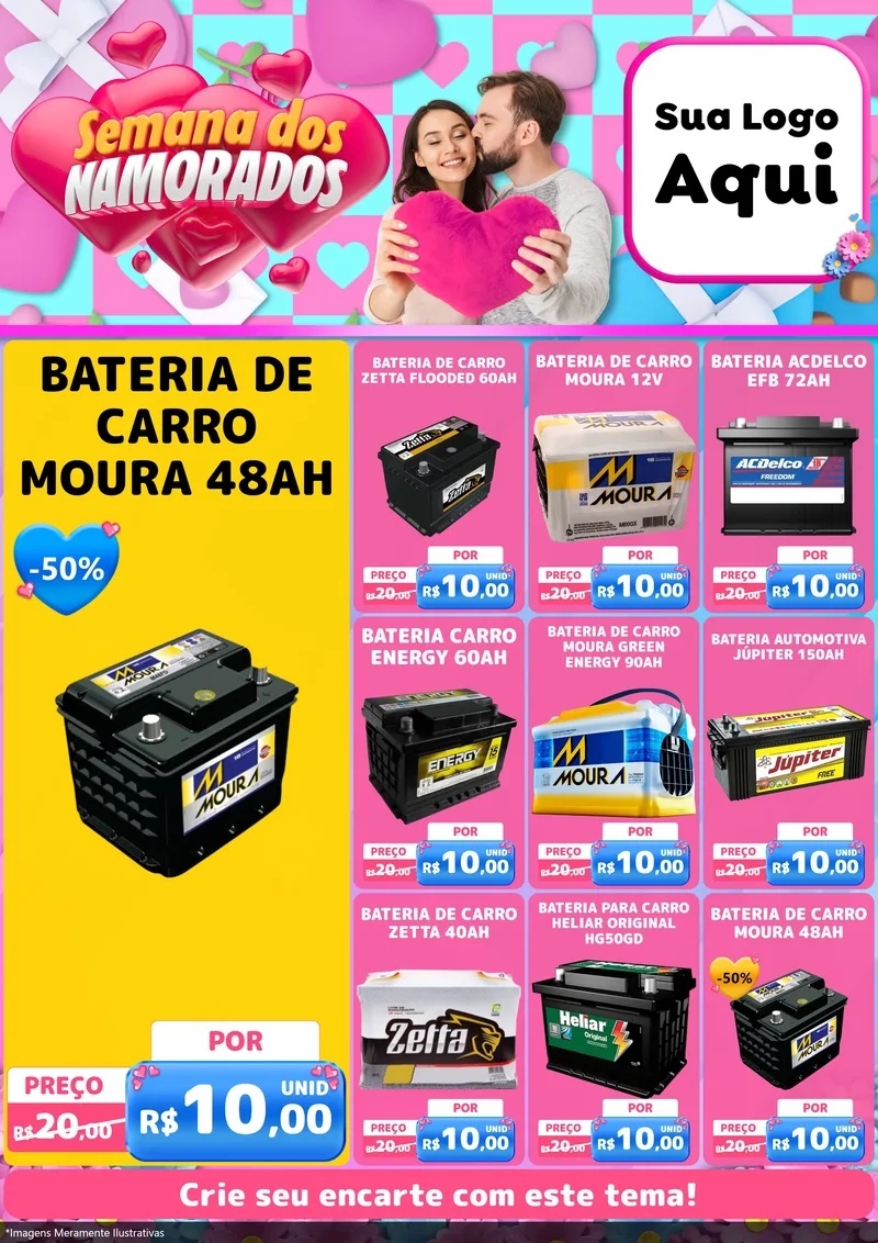 Modelo de Encarte para Encarte A4 Vertical com o tema Semana dos Namorados para Baterias Elétricas