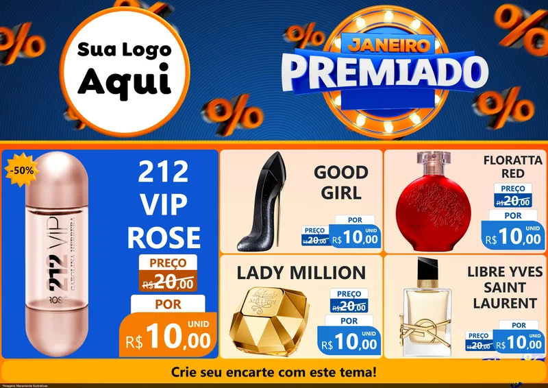Modelo de Encarte para Encarte A4 Horizontal com o tema Janeiro Premiado para Perfumes