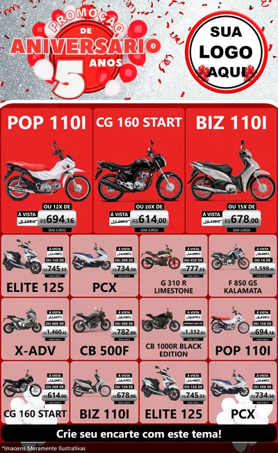 Modelo de Encarte para Encarte Grande com o tema Promoção de Aniversário - 5 Anos para Concessionaria de Motos