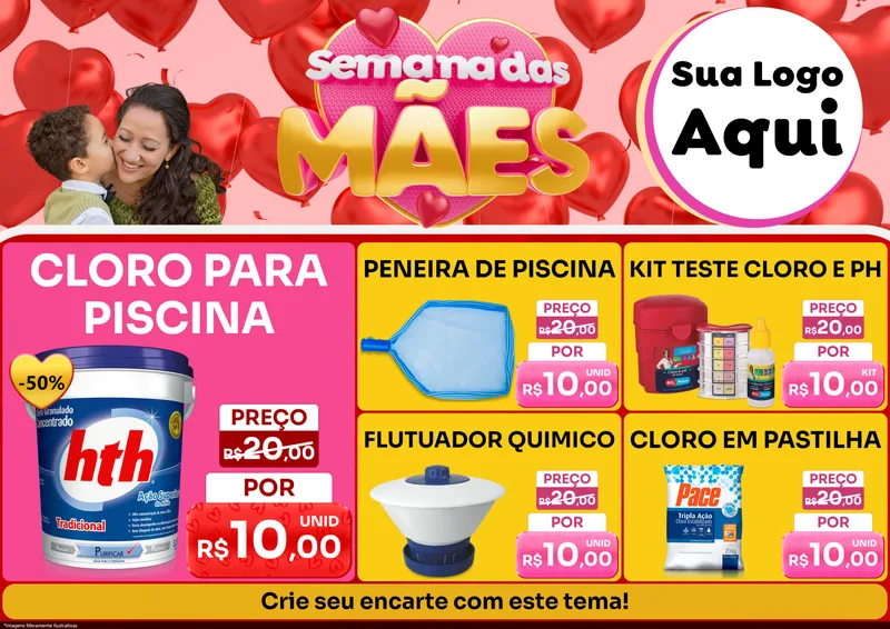 Modelo de Encarte para Encarte A4 Horizontal com o tema Semana Das Mães para Produtos para Piscina