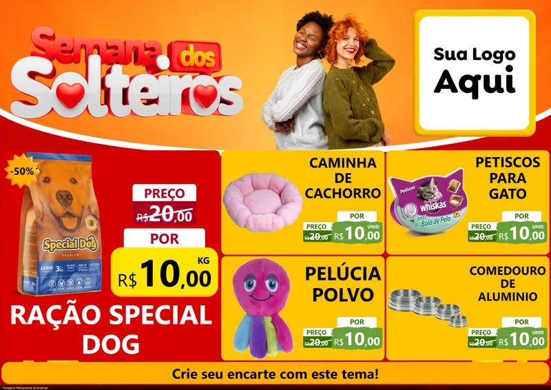 Modelo de Encarte para Encarte A4 Horizontal com o tema Semana dos Solteiros para Pet Shop