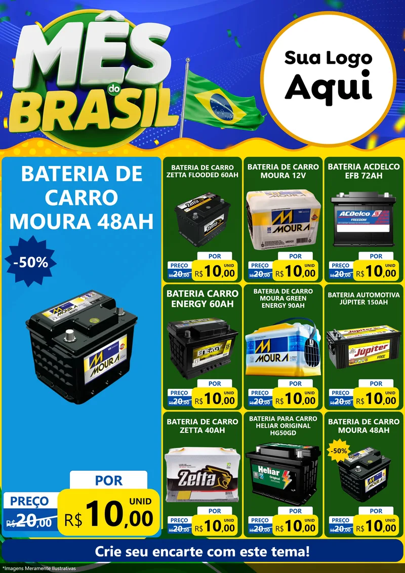 Modelo de Encarte para Encarte A4 Vertical com o tema Mês do Brasil para Baterias Elétricas
