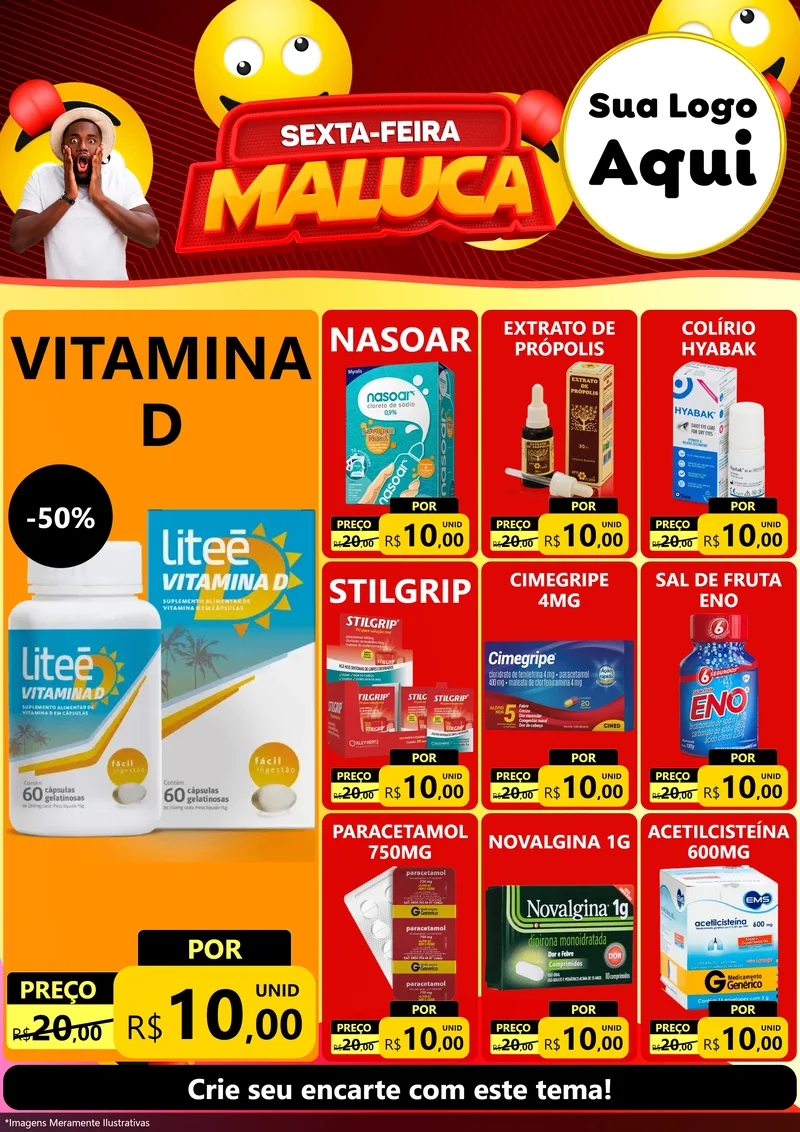 Modelo de Encarte para Encarte A4 Vertical com o tema Sexta-feira Maluca para Farmácia