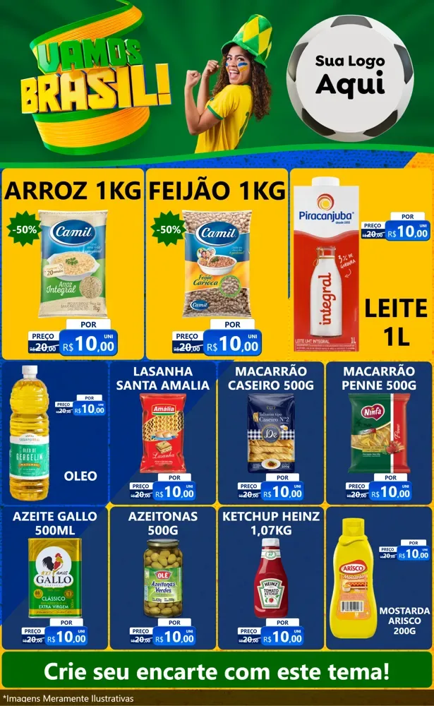Modelo de Encarte para Encarte Grande com o tema Vamos Brasil - Copa para Supermercado