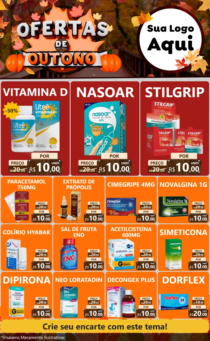 Modelo de Encarte para Encarte Grande com o tema Ofertas de Outono para Farmácia