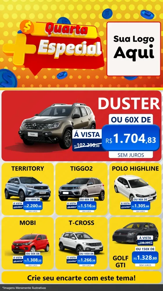 Modelo de Rede Social para Stories com o tema Quarta Mais Especial para Concessionaria de Carros