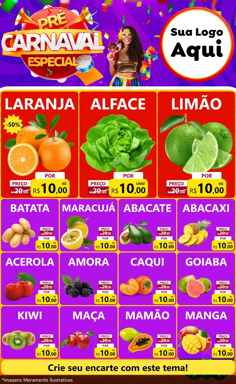 Modelo de Encarte para Encarte Grande com o tema Pré-Carnaval Especial para Hortifrúti