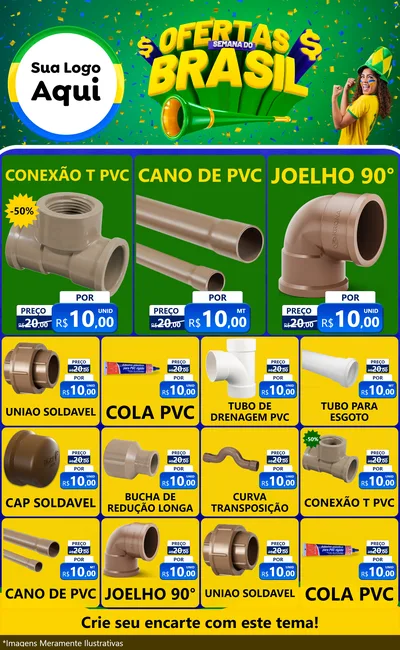 Modelo de Encarte para Encarte Grande com o tema Ofertas Semana do Brasil para Tubos e conexões