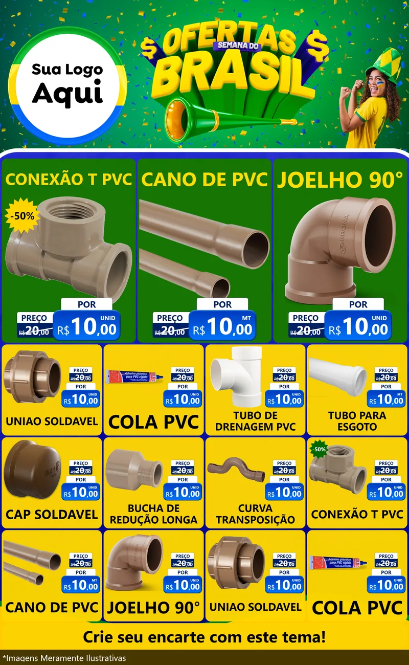 Modelo de Encarte para Encarte Grande com o tema Ofertas Semana do Brasil para Tubos e conexões