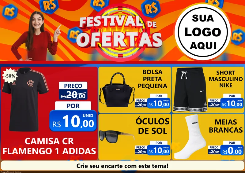 Modelo de Encarte para Encarte A4 Horizontal com o tema Festival de Ofertas para Roupas e acessórios