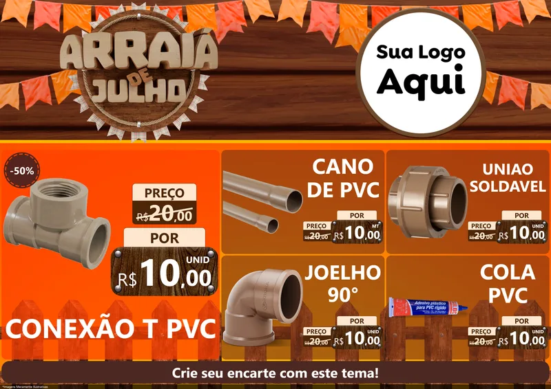 Modelo de Encarte para Encarte A4 Horizontal com o tema Arraiá de Julho - Junina para Tubos e conexões