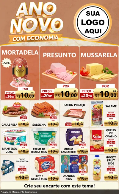 Modelo de Encarte para Encarte Grande com o tema Ano Novo Com Economia para Frios e Laticínios