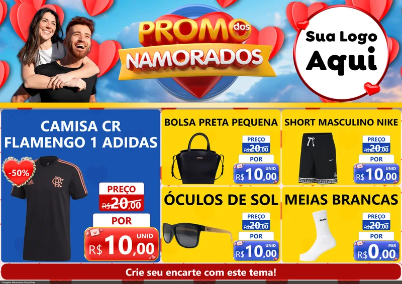 Modelo de Encarte para Encarte A4 Horizontal com o tema Promo dos Namorados para Roupas e acessórios