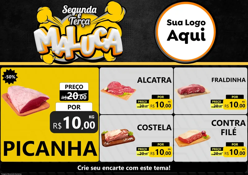 Modelo de Encarte para Encarte A4 Horizontal com o tema Segunda e Terça Maluca para Açougue