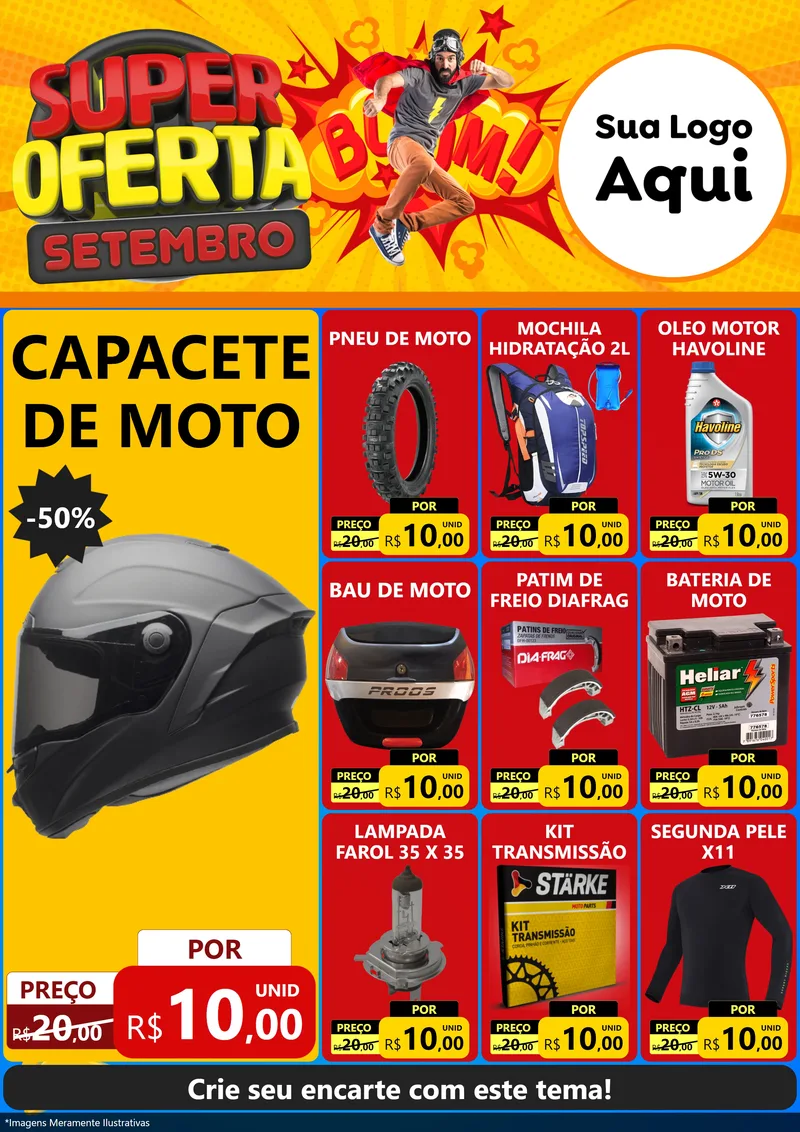 Modelo de Encarte para Encarte A4 Vertical com o tema Super Oferta Setembro para Moto peças