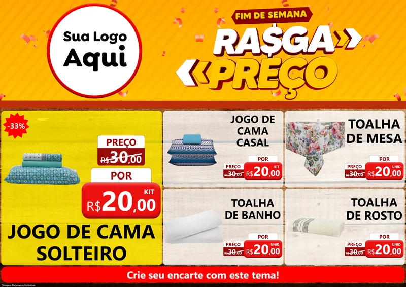 Modelo de Encarte para Encarte A4 Horizontal com o tema Fim de Semana Rasga Preços para Cama, Mesa e Banho