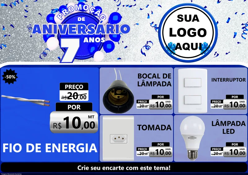 Modelo de Encarte para Encarte A4 Horizontal com o tema Promoção de Aniversário - 7 Anos para Materiais Elétricos