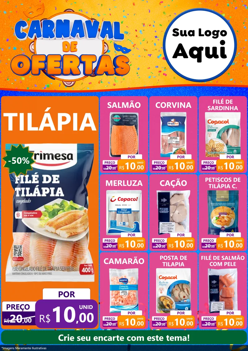 Modelo de Encarte para Encarte A4 Vertical com o tema Carnaval de Ofertas para Peixaria