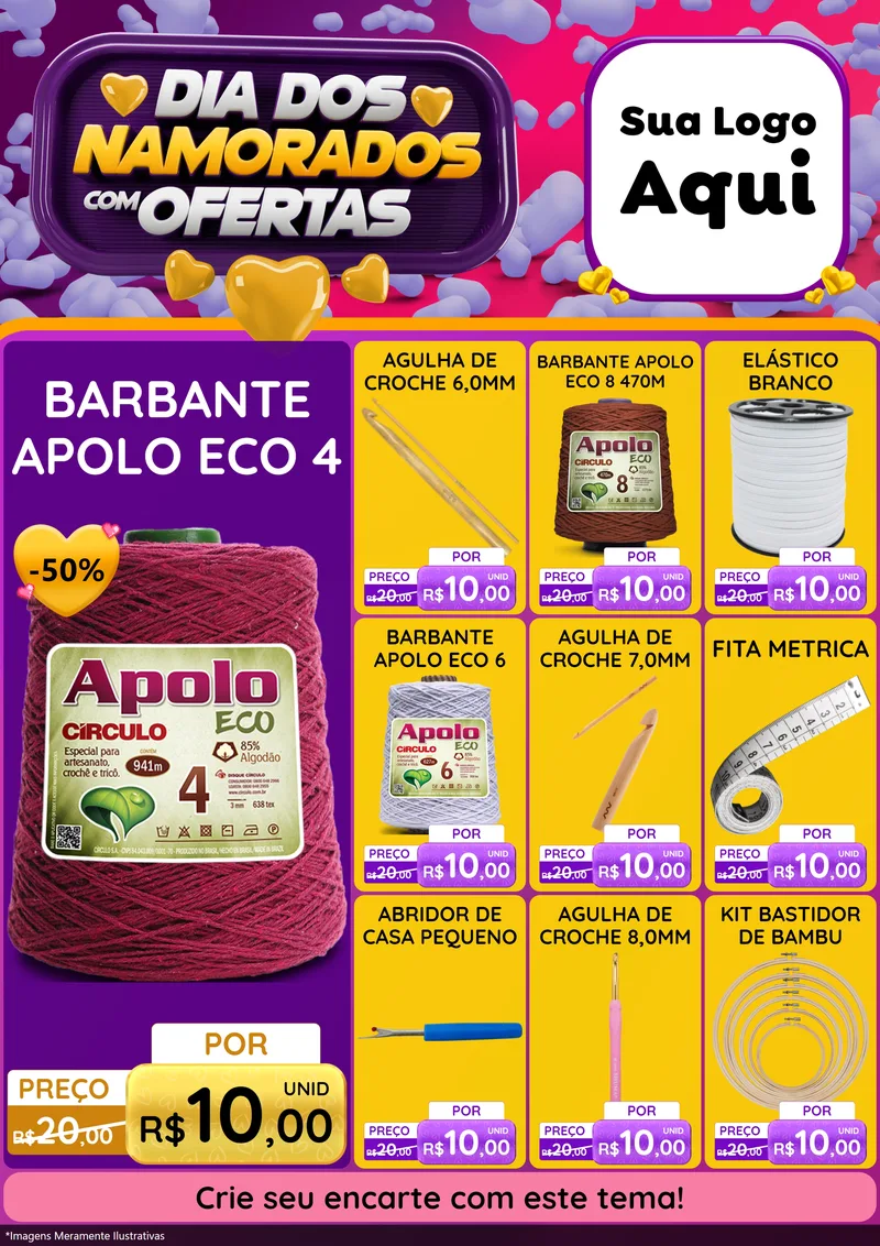 Modelo de Encarte para Encarte A4 Vertical com o tema Dia Dos Namorados Com Ofertas para Armarinho e Aviamentos