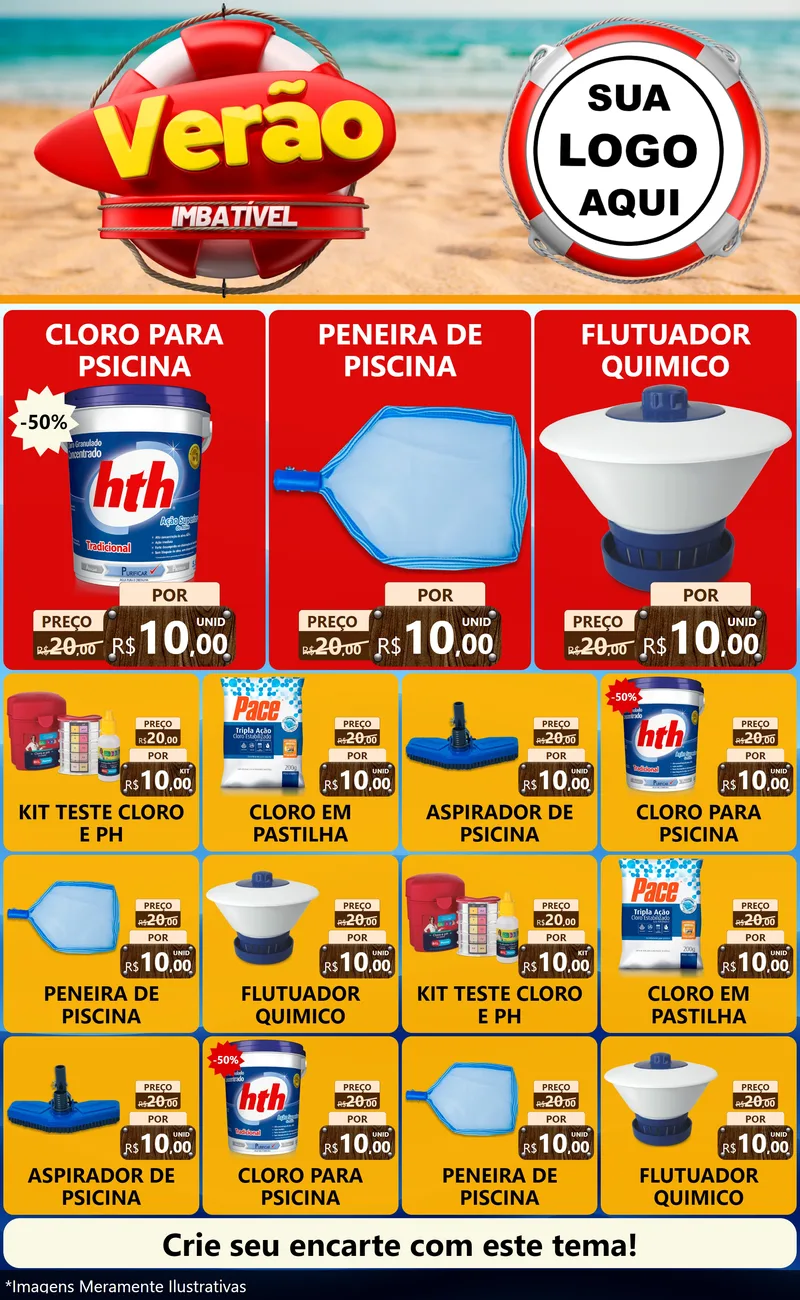Modelo de Encarte para Encarte Grande com o tema Verão Imbatível para Produtos para Piscina