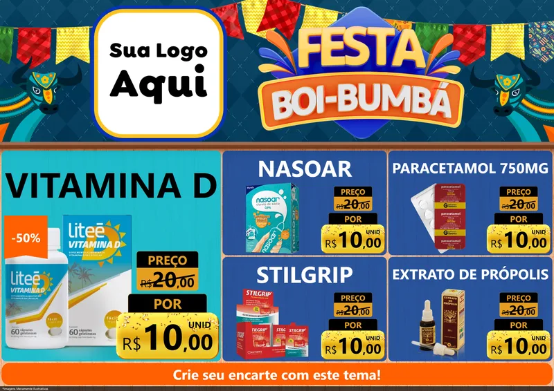 Modelo de Encarte para Encarte A4 Horizontal com o tema Festa Boi Bumbá para Farmácia