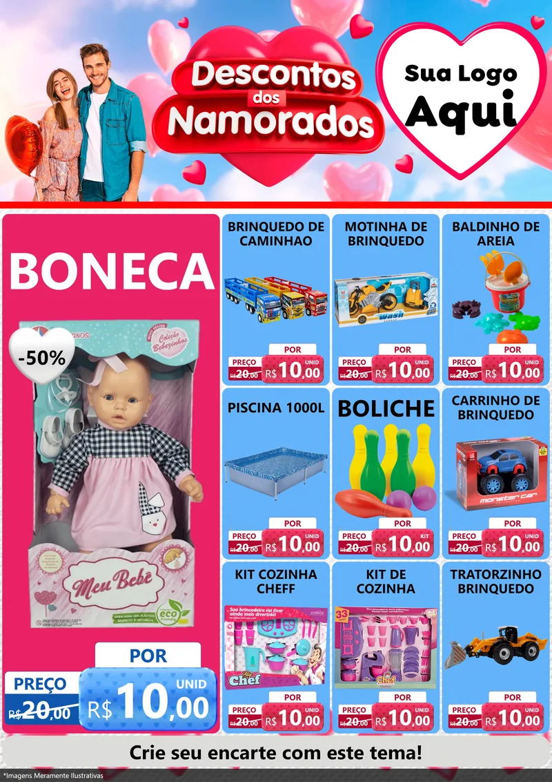 Modelo de Encarte para Encarte A4 Vertical com o tema Descontos dos Namorados para Brinquedos